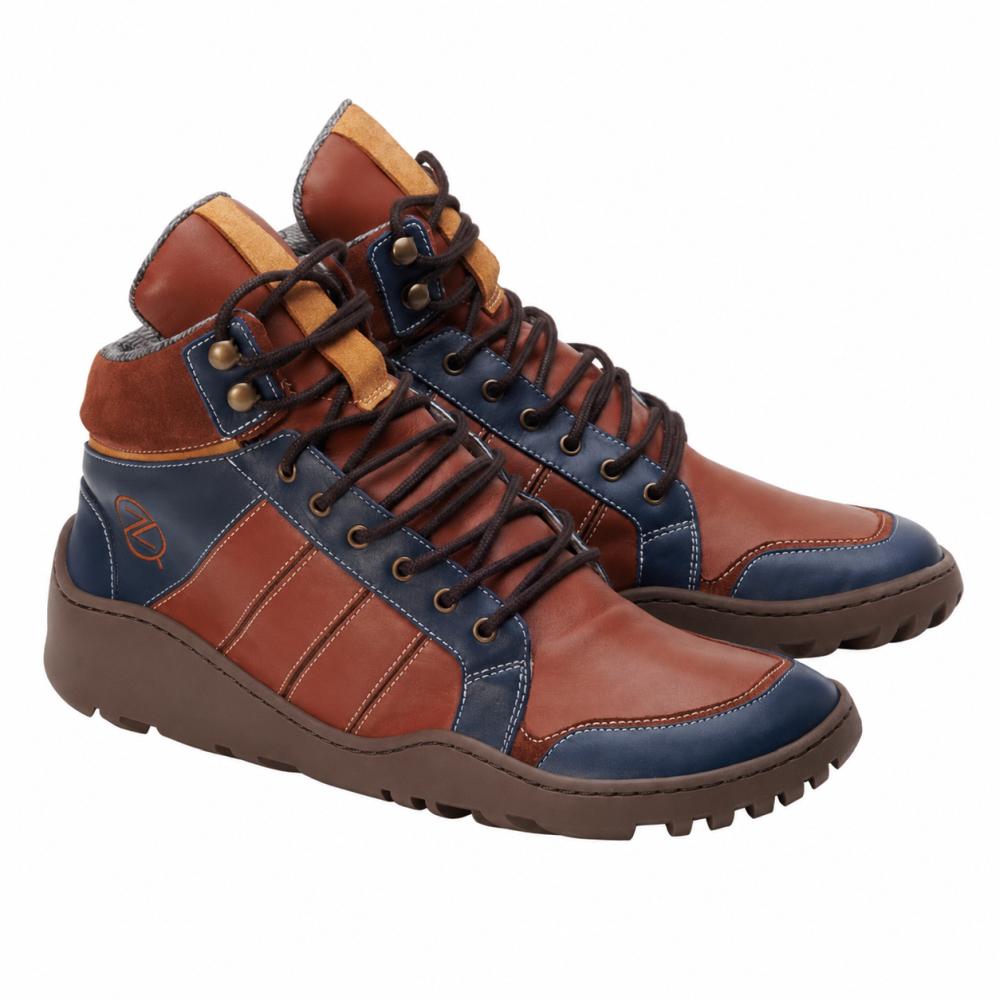 Q2 Cognac Waterproof från ZAQQ är en moderiktig high-top-sneaker i brunt och marinblått nappaläder med sydda detaljer. Dessa utomhusbarfotaskor har en vadderad krage, en robust ZAQQ TERRA-sula och visar stolt upp varumärkeslogotypen på sidan.